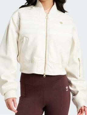 Adidas Original Ivory Cropped Bomber Jacket with Gold Hardware